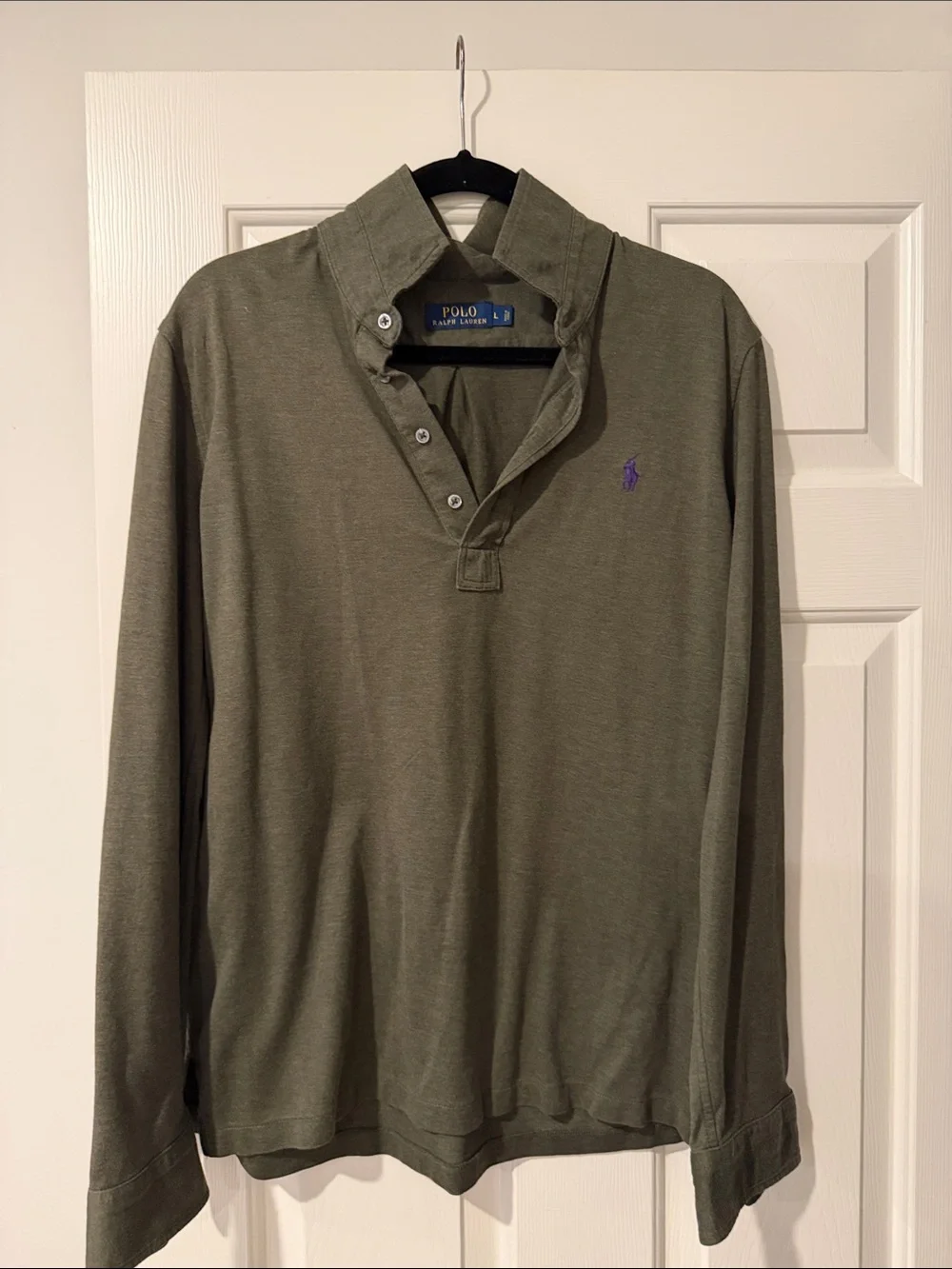 Ralph Lauren Long Sleeve Olive Green Polo with Purple Pony
